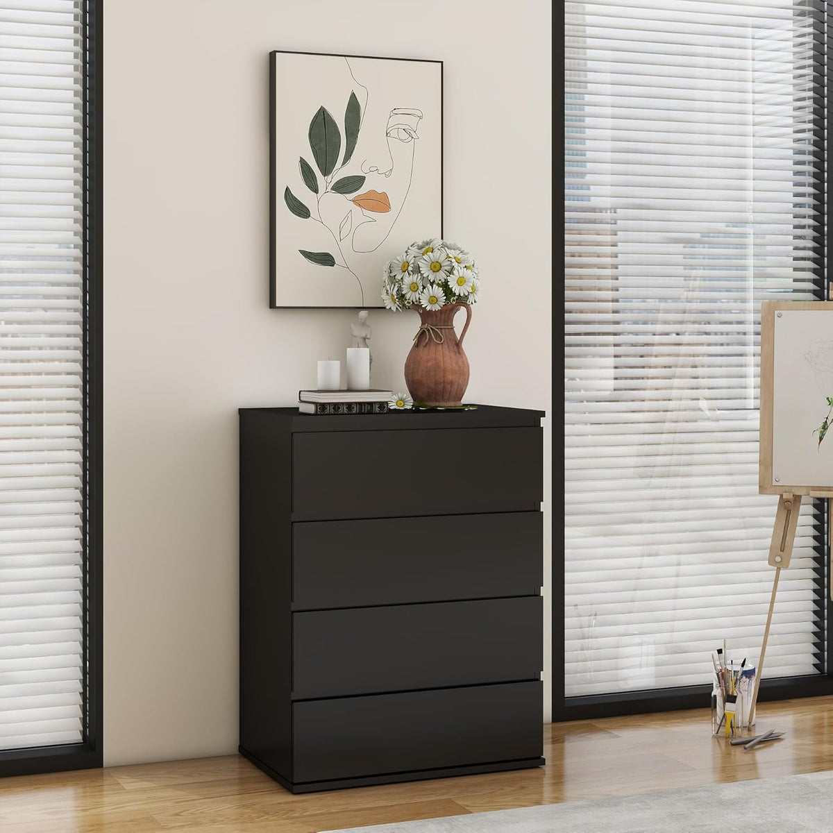 Modern Chest of Drawers, 4/5/6 Drawer Dresser Without Handles Floor Storage Drawer Cabinet Vertical Dresser Storage Organizer for Home Office (4 Drawers, Black)