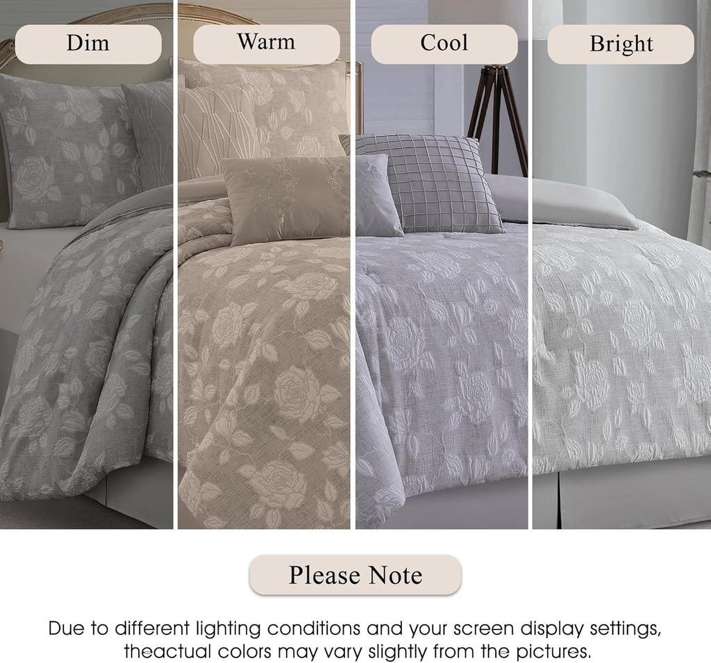 Stratford Park Elegant Grey Floral Comforter Set, 7 Piece Jacquard Bedding Set Queen, Waffle Weave Texture All Season Bedding Set, Matching Bed Skirt, Pillows & Shams