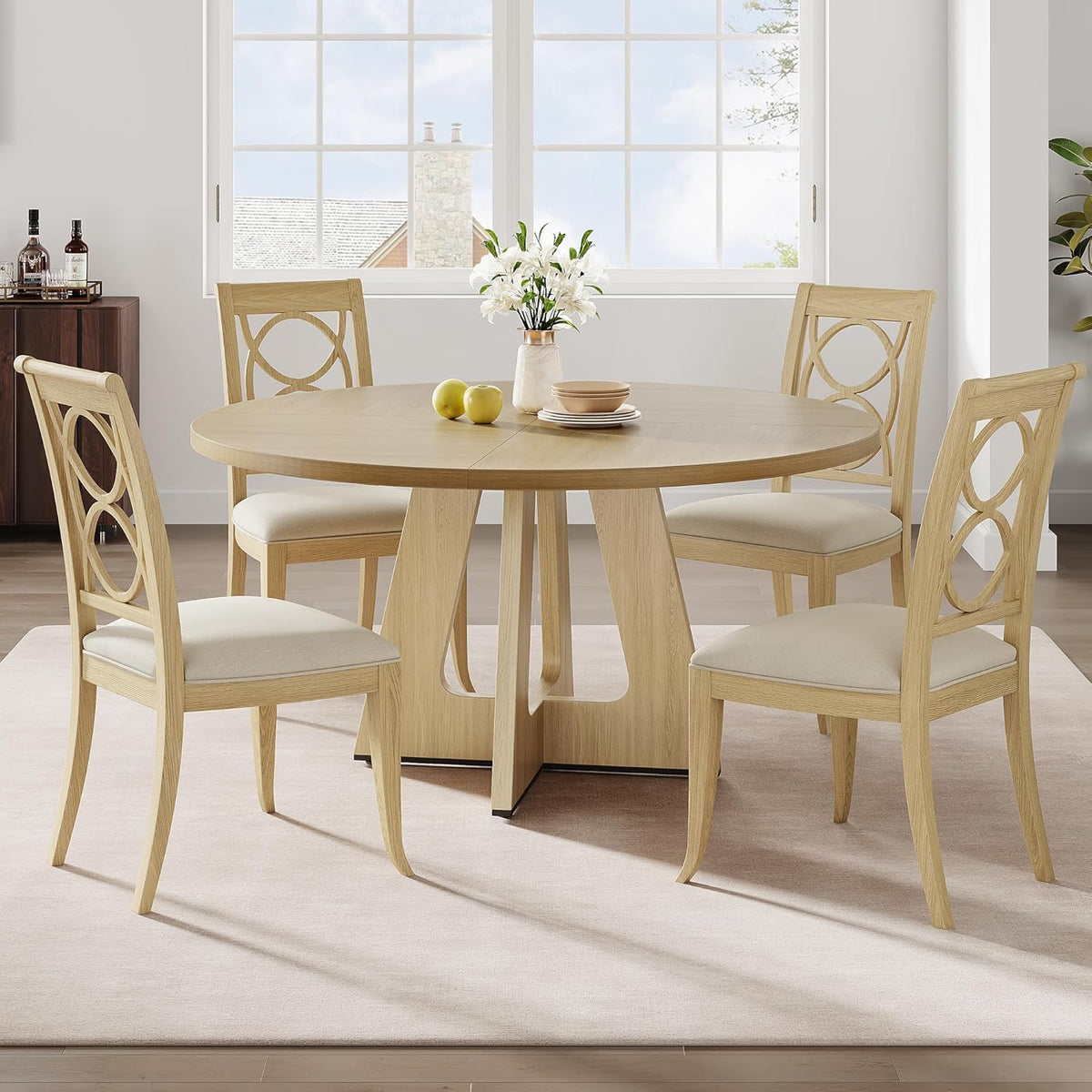 IDEALHOUSE 47" Round Dining Table Set for 4 to 6, Farmhouse Kitchen Table with Wooden Top and Pedestal Base, Circle Dinner Table for Dining Room, Kitchen Room - (No Chairs) (Burlywood)