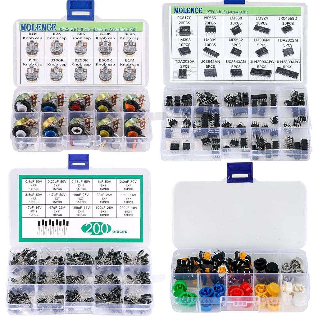 5162pcs DIY Electronics Components Kit Assortment, Resistors, Inductors, Capacitors, LED, Triode, ICS, Diodes, PCB, Potentiometer, Pin Header, Jumper Wire, Terminals, Tactswitch