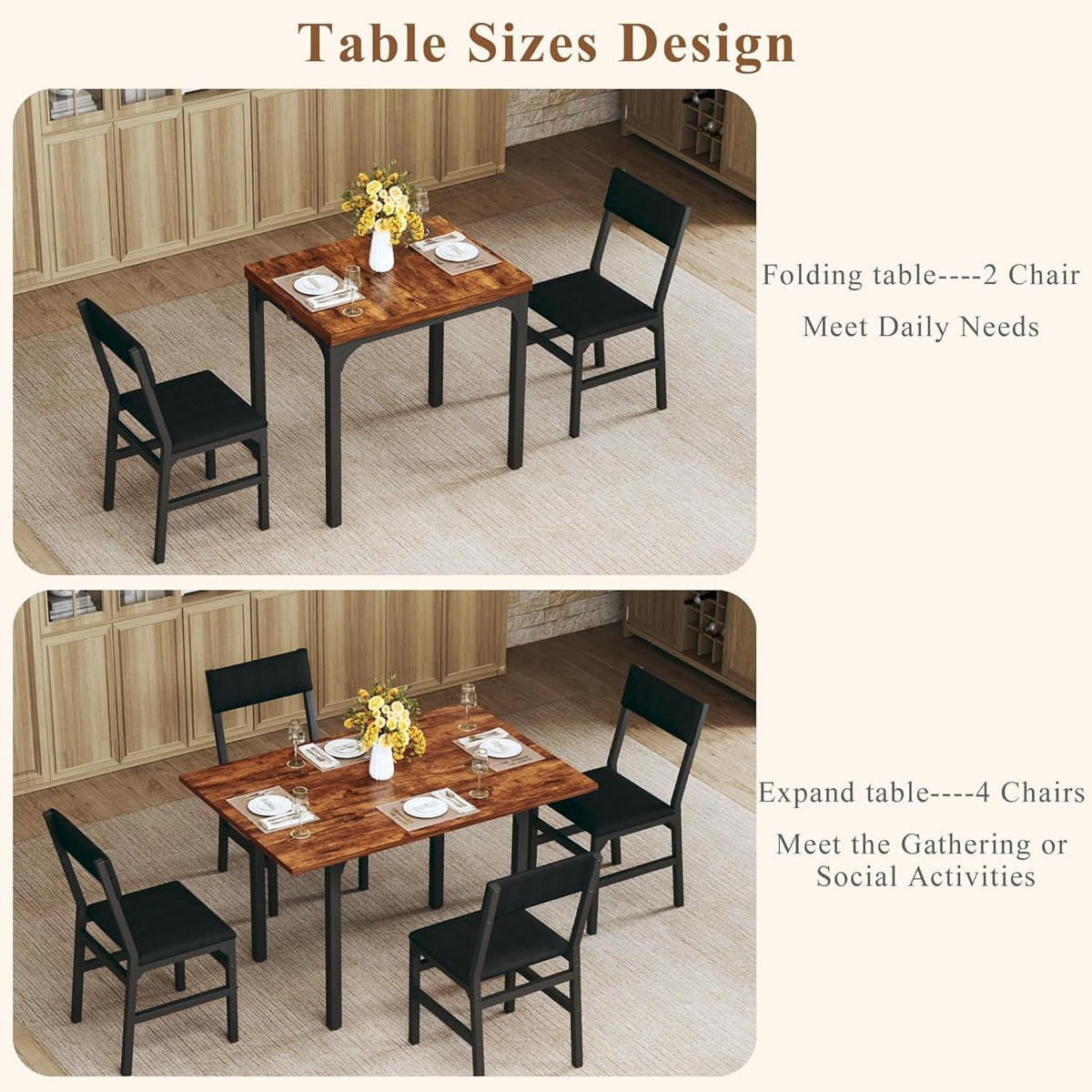 HUAHUU Dining Table Set for 4, Extendable Kitchen Table Cushion Chairs Set of 4, Rectangle Dining Table with Metal Frame & MDF Board, Folding for Small Apartment Saving Space, Rustic Brown