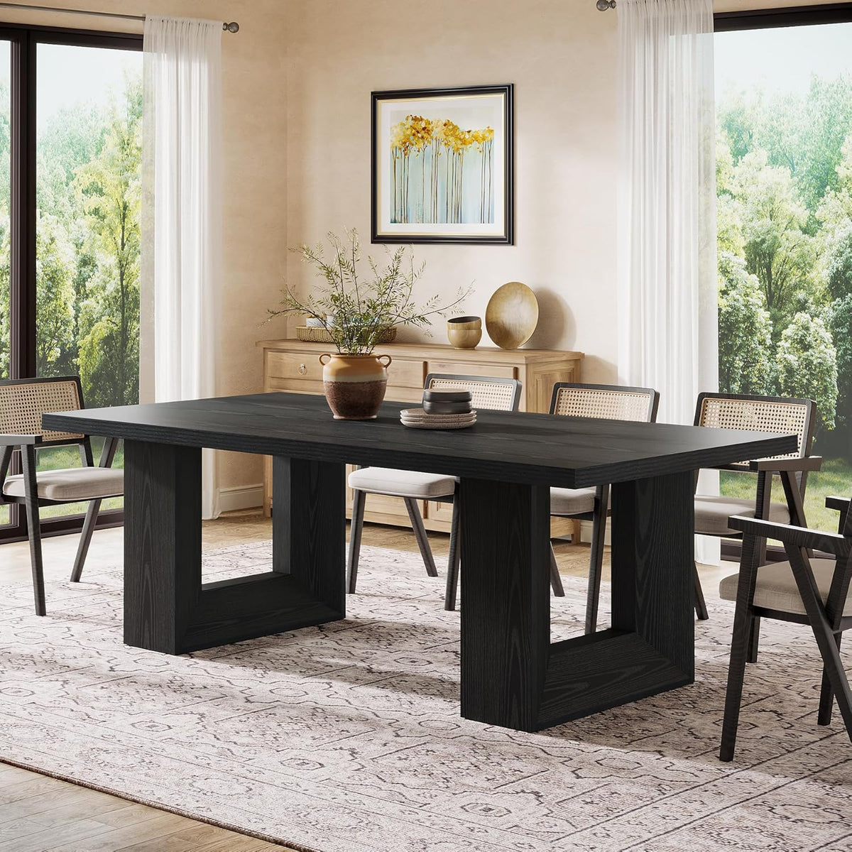 Tribesigns Farmhouse Dining Table, 63-Inch Rectangular Kitchen Table with Strong Geometric Frame for Kitchen & Dining & Living Room (Black)