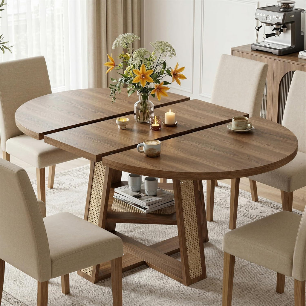 LIKIMIO 43"-59" Extendable Round Dining Table for 4-8, Oval Dining Room Table with Removable Leaves Space Saving, Wood Base Kitchen Table with Storage Shelf for Living Room, Walnut
