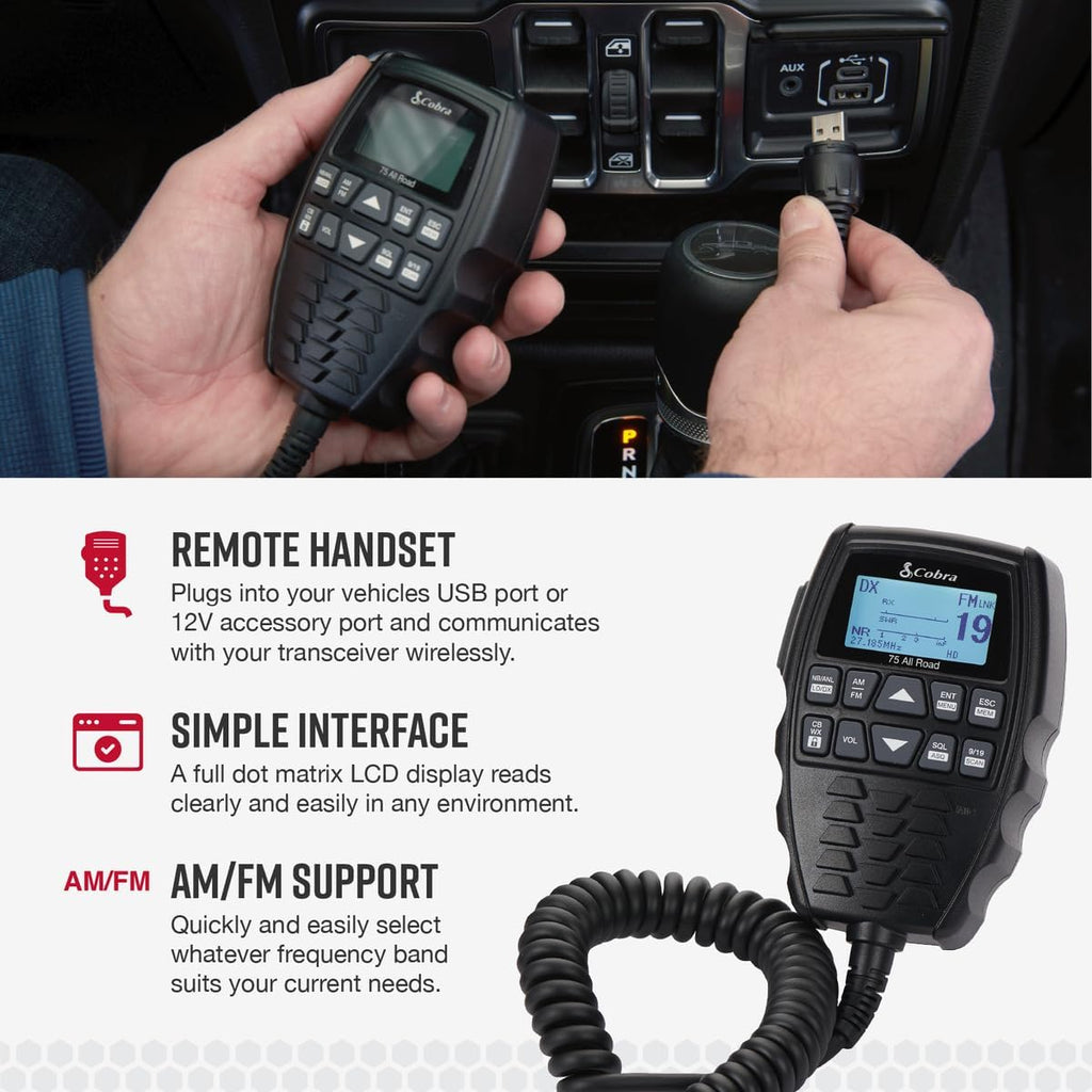 Cobra 75 All Road Wireless CB Radio - Dual-Mode AM/FM, Full 40 Channels, Bluetooth Connectivity, Digital Noise Cancellation, Waterproof, Instant Channel 9, 4-Watt Output, Easy to Operate, Black