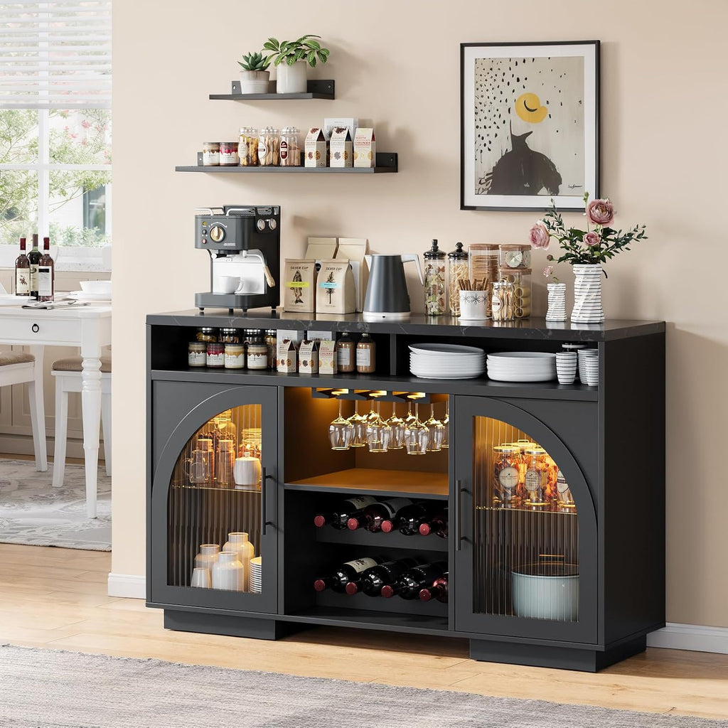 Wine Bar Cabinet 54", Black Coffee Bar Cabinet with LED Lights, Arched Glass Doors, Wine Rack, Adjustable Shelves, Sideboard Buffet Cabinet for Dining Room, Black