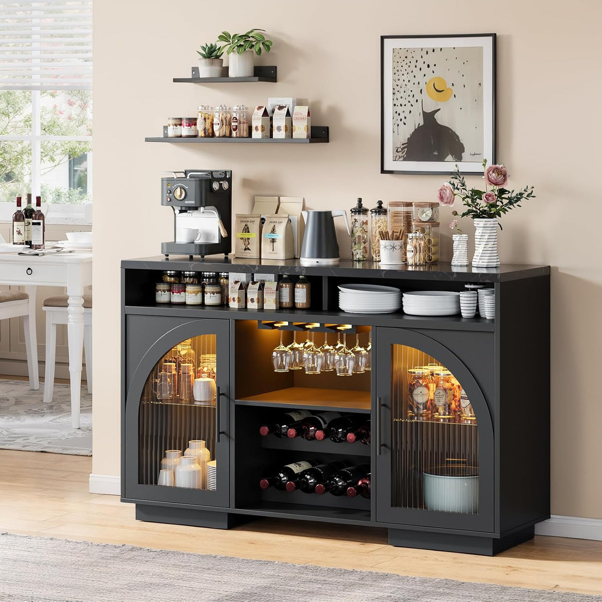 Wine Bar Cabinet 54", Black Coffee Bar Cabinet with LED Lights, Arched Glass Doors, Wine Rack, Adjustable Shelves, Sideboard Buffet Cabinet for Dining Room, Black