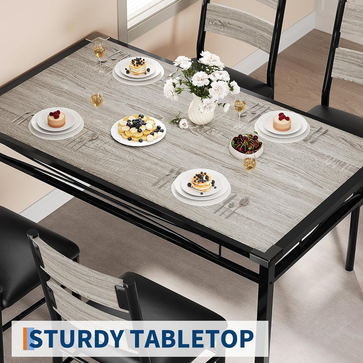 Garvee Wood Dining Table Set for 4 with Upholstered Chairs, Kitchen Table Chairs Set of 4 with Corner Protector, Dining Room Table Set for 4, for Kitchen, Apartment, Retro Gray
