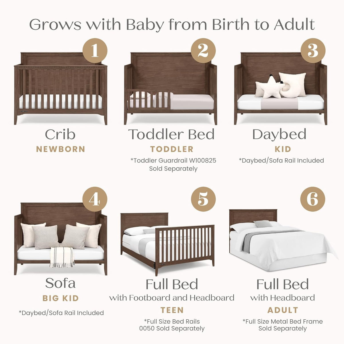 Delta Children Kendall 6-in1 Convertible Crib - Converts from Baby Crib to Toddler Bed, Daybed, Sofa Bed and Full-Size Bed with and Without Footboard, Fits Full-Size Crib Mattress, Teak Brown