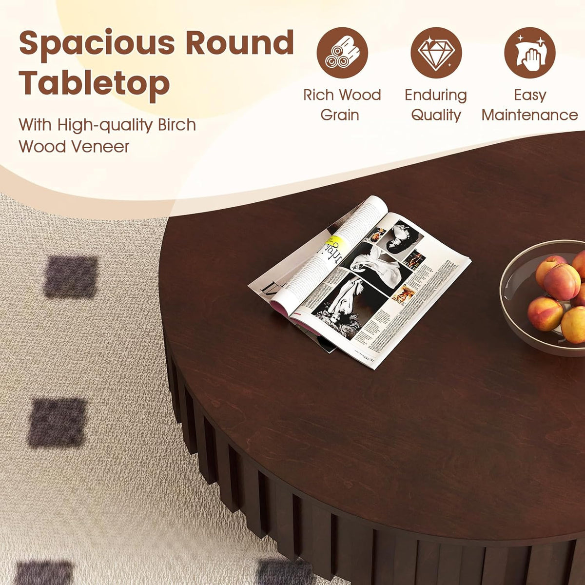 Giantex Round Coffee Table with Storage, Modern Drum Fluted Center Table with Solid Wood Veneered, Unique Circle Wood Coffee Table for Living Room Small Spaces (Brown)