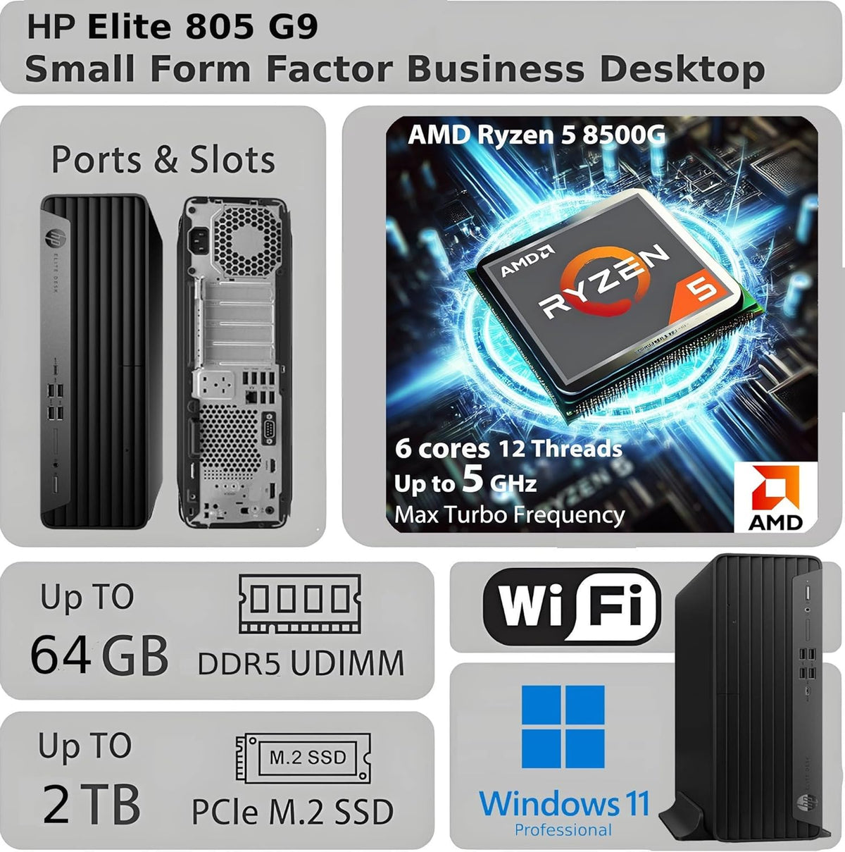 HP Elite 805 G9 SFF Business Desktop Computer, AMD Ryzen 5 8500G, 16GB DDR5, 256GB PCIe, Radeon 740M Graphics, Dual 4K Display Support, USB-C, HDMI, RJ-45, Wi-Fi, Wired KB & Mouse, Win11