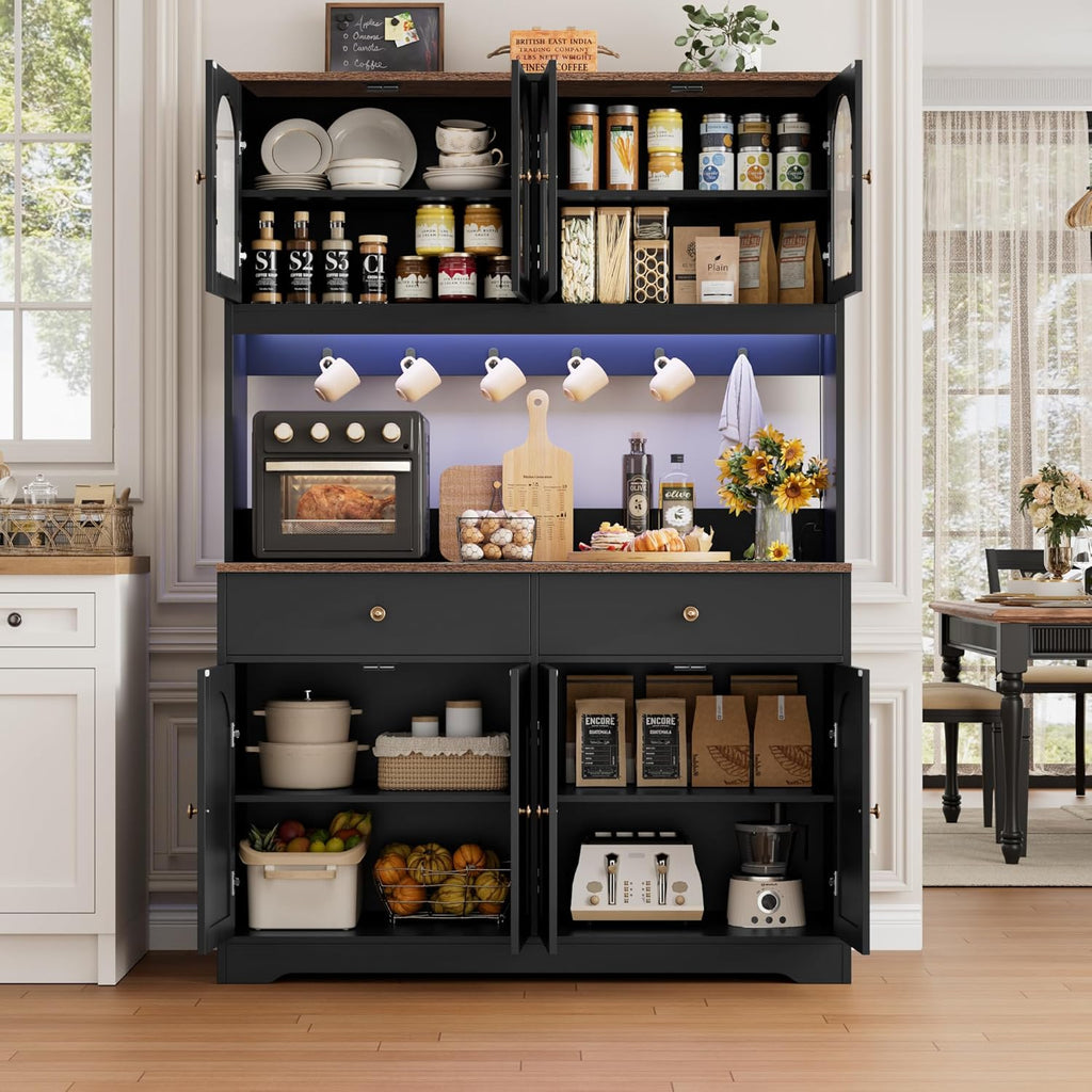 HIFIT 71" LED Kitchen Pantry Cabinet with Power Outlet, Large Kitchen Hutch Cabinet with 2 Storage Drawers & Arched Door, Countertop & Hooks, Tall China Bar for Dining Living Room (Black)