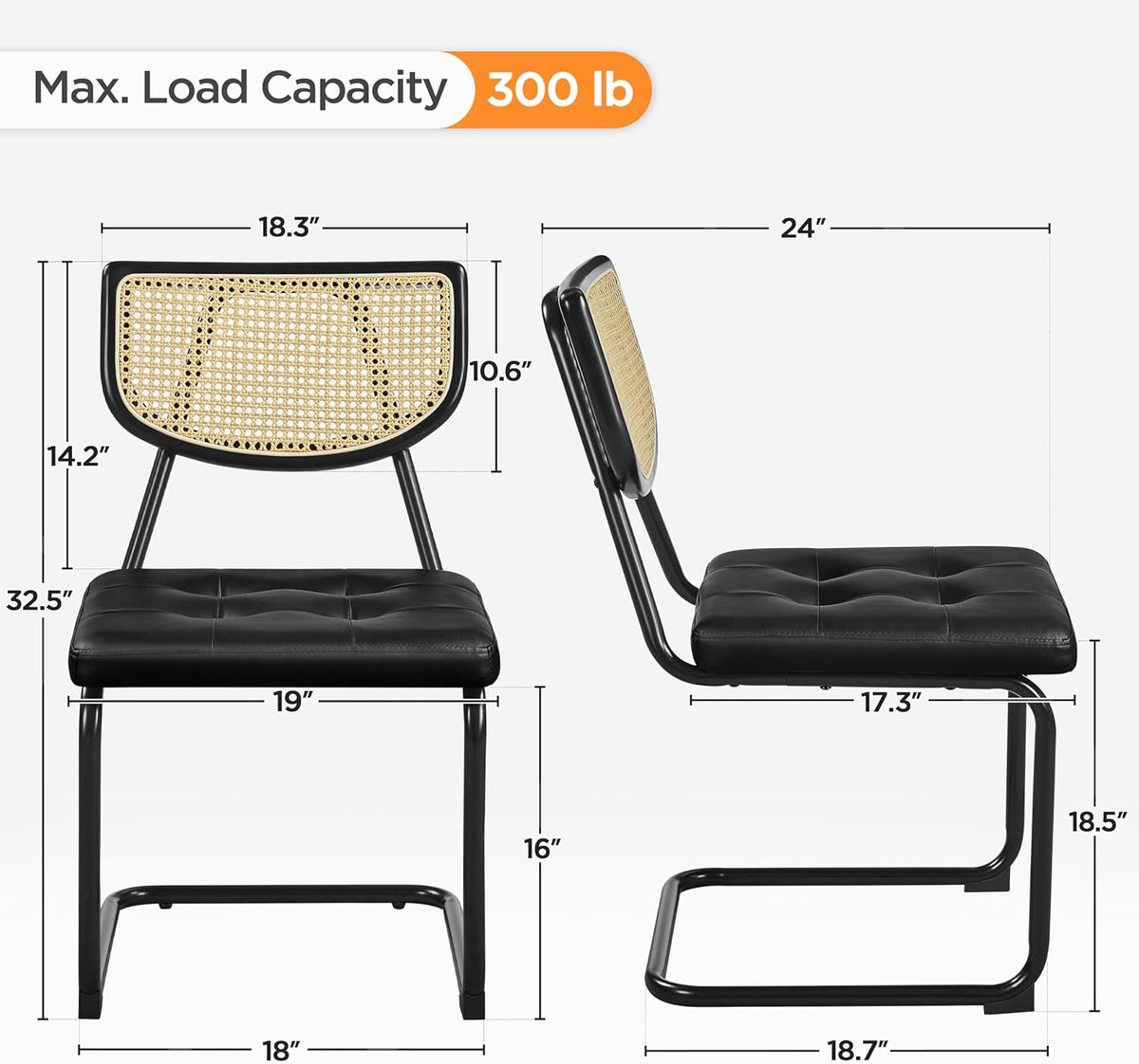 Yaheetech Rattan Dining Chairs Set of 4 Mid Century Modern Dining Room Chairs with Chrome Legs and Rattan Back for Home Kitchen, Faux Leather, Black