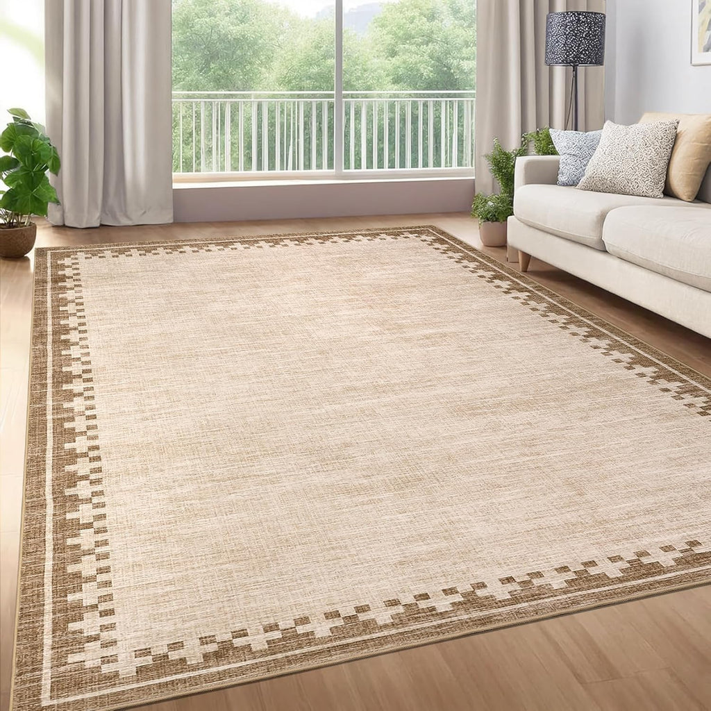 GarveeHome Cross Bordered Large Area Rug 9x12 Machine Washable Non Slip Low Pile Dining Room Carpet Geometric Stain Resistant Living Room Bedroom Home Office Rug, Beige