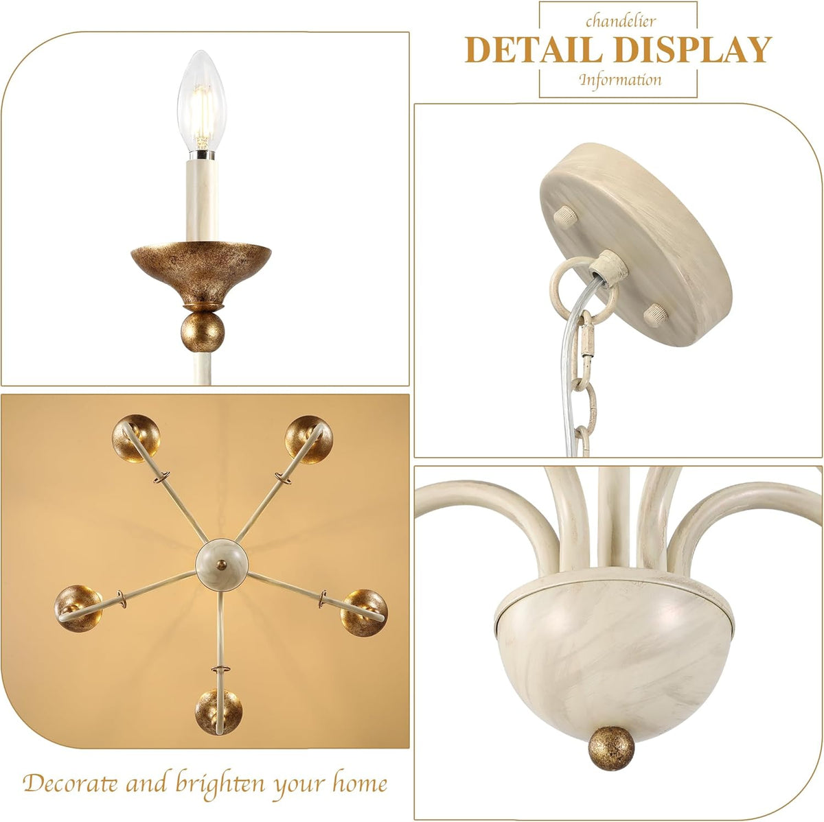 27.1" French Country Chandeliers for Dining Room, 5-Light Farmhouse Candle Chandelier, Rustic Vintage White&Antique Gold Metal Pendant Light Fixture for Kitchen Island Bedroom Living Room Foyer
