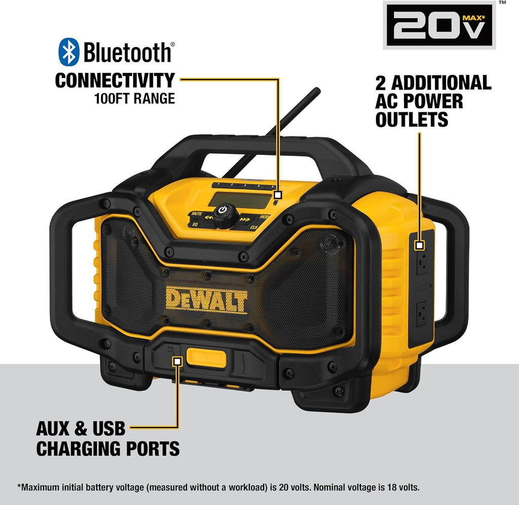 DEWALT 20V MAX Bluetooth Radio, 100 ft Range, Portable for Jobsites (DCR025)