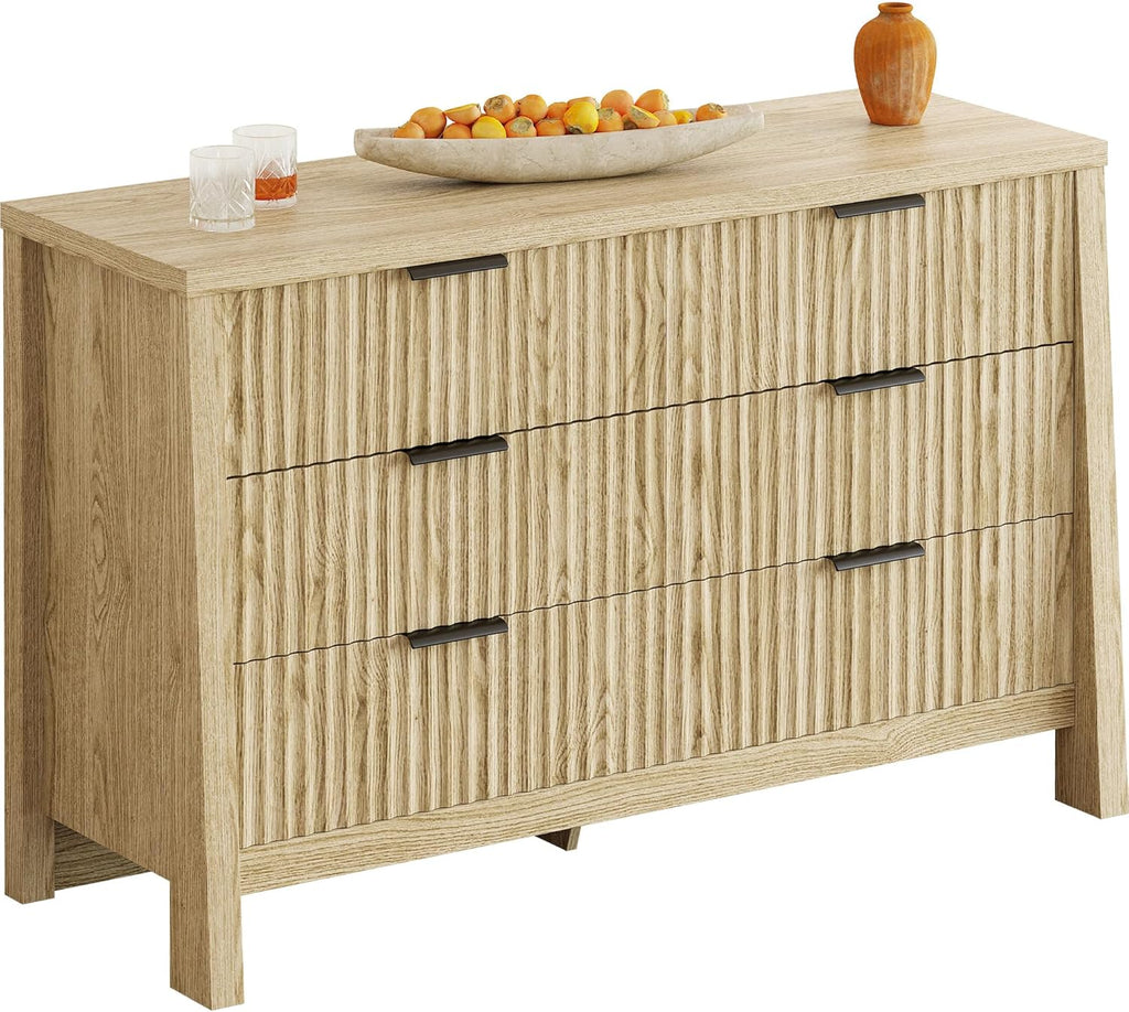 LIKIMIO Fluted 6 Drawers Dresser for Bedroom, 47" Wide Modern Chest of Drawers with Metal Handle, Wooden Dresser Storage Organizer for Living Room, Entryway, Hallway, Natural Oak