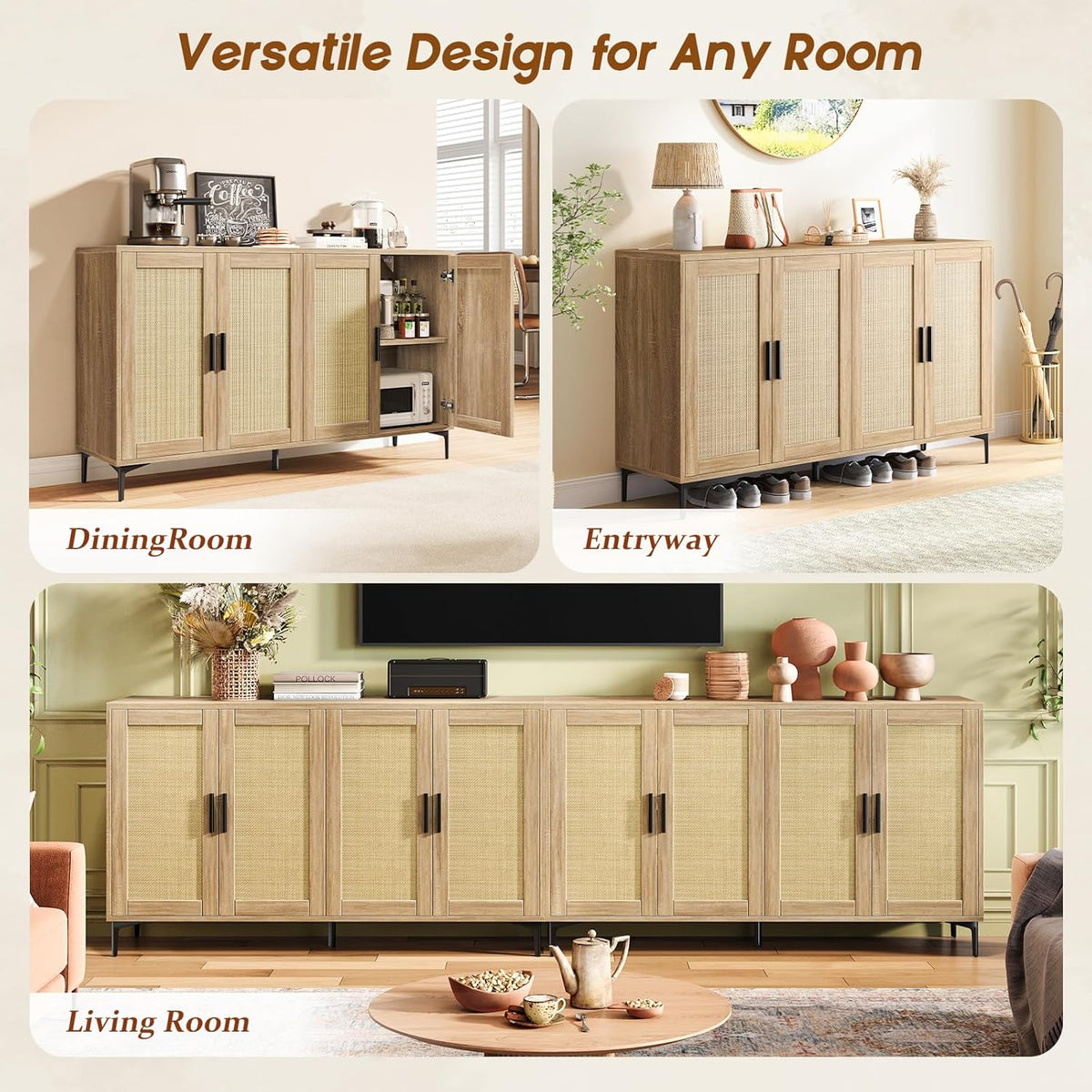 Luoxiao Sideboard Buffet Cabinet with Storage 48" Rattan Coffee Bar Boho Console Table with Adjustable Shelves & 4 Doors, Modern Credenza for Kitchen, Living Room, Entryway, Dining Room, Wood
