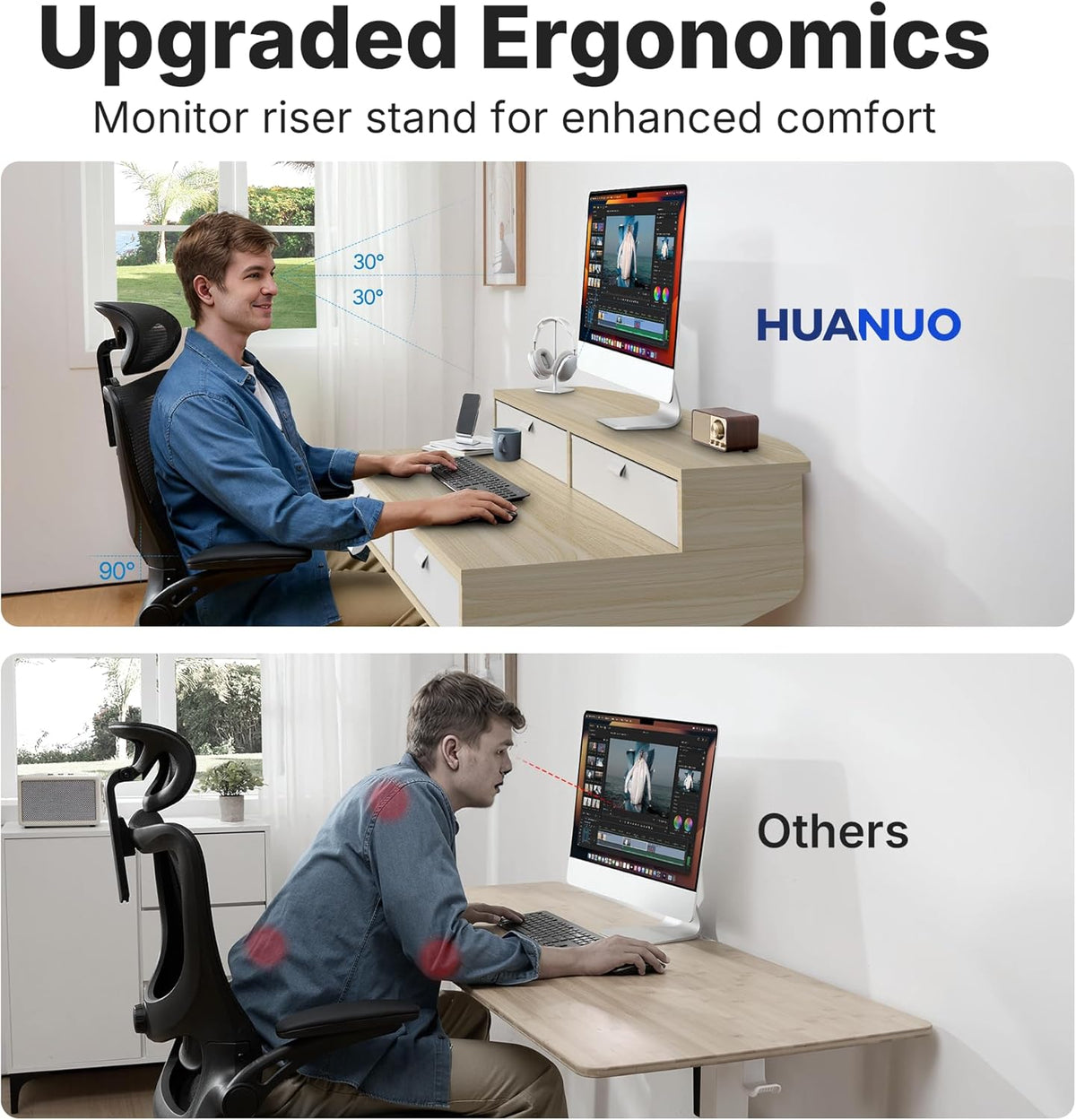HUANUO 32 X 20 inch Electric Standing Desk with 4 Drawers, Adjustable Height Sit Stand Home Office Desk, C-Clamp Mount Compatible, Ergonomic Stand up Desk with 4 Preset Heights, Natural