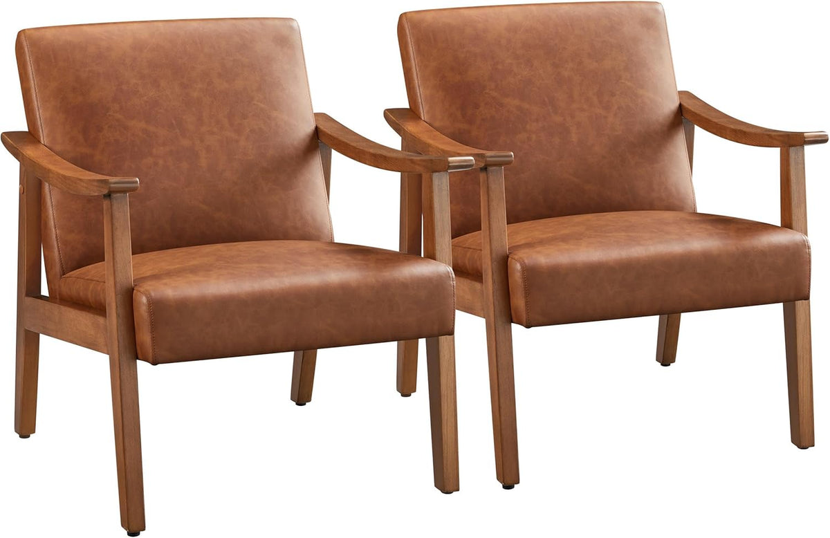 Yaheetech PU Leather Accent Chair, Mid-Century Modern Armchair with Solid Wood Legs, Reading Leisure Chair for Living Room Bedroom Waiting Room, Light Brown, Set of 2