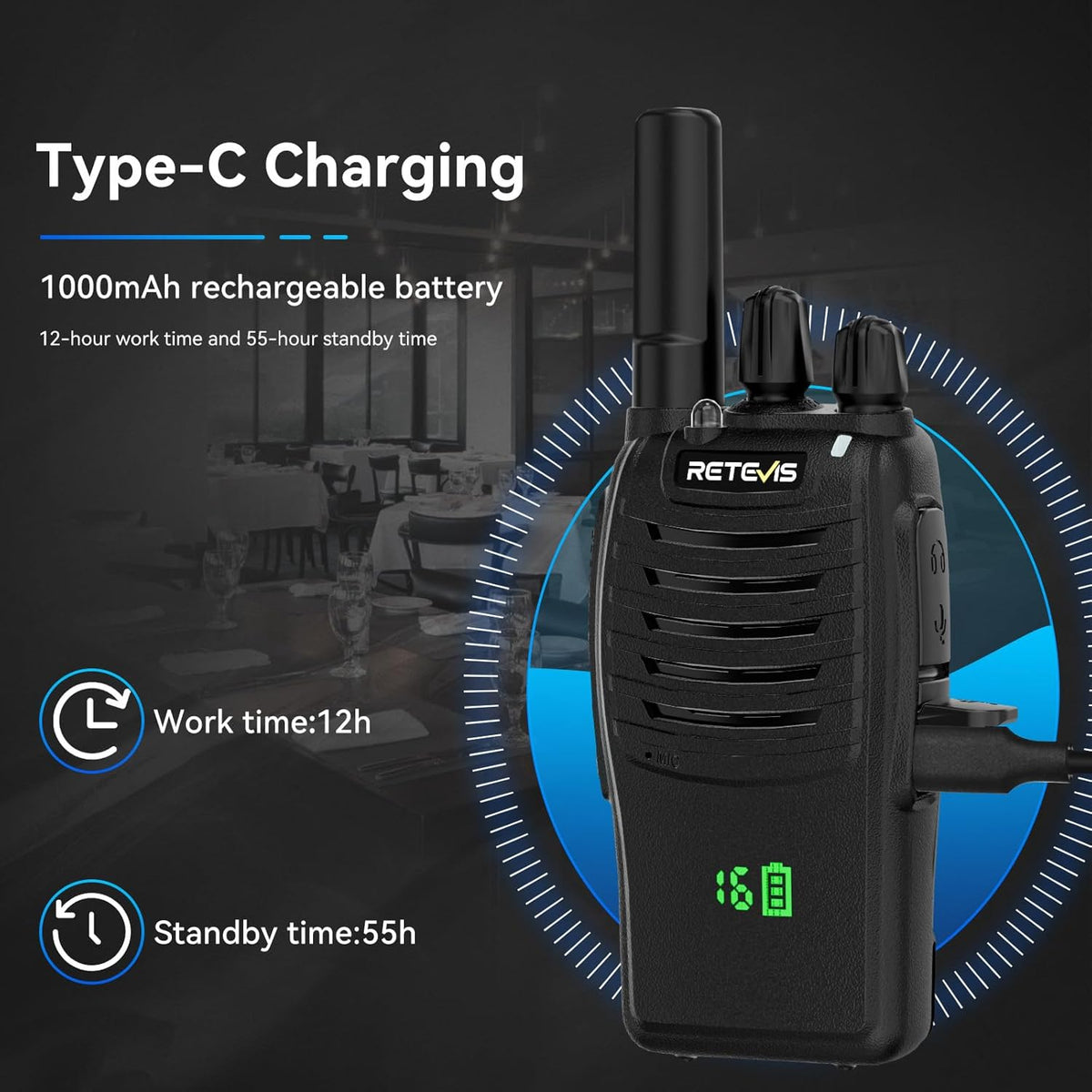Retevis H-777H Walkie-Talkies with 6 Way Gang Charger,2 Way Radios with Earpiece,Hidden LED Segment Displays,Flashlight,USB-C,VOX,Portable FRS Two-Way Radios for Retail Property Church Hotel(6 Pack)