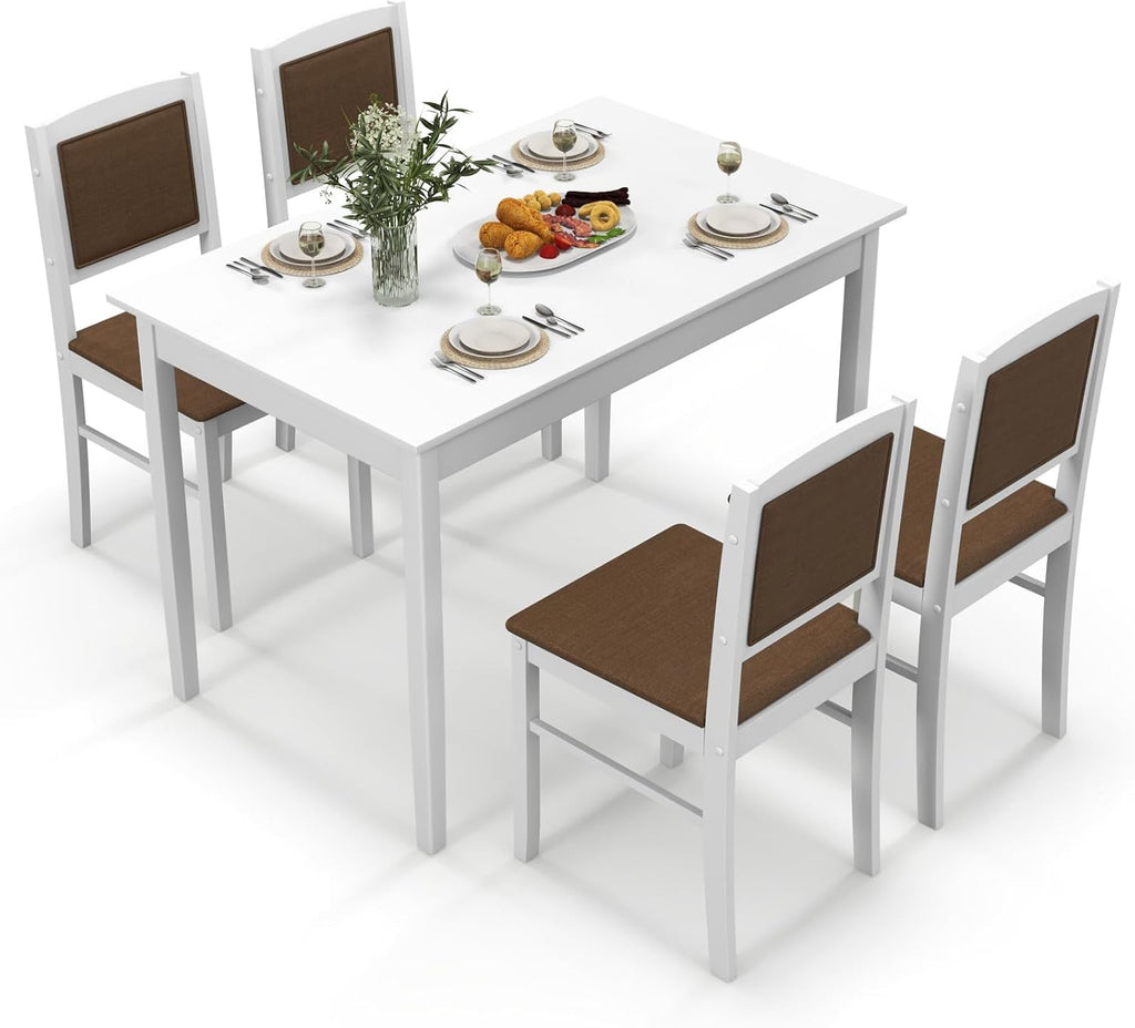Giantex 5-Piece Dining Table Set for 4, Wooden Kitchen Table and Chairs with Solid Rubber Wood Legs, Padded Seat & Backrest, Space Saving Dinette Set for Home Dining Living Room, Breakfast Nook
