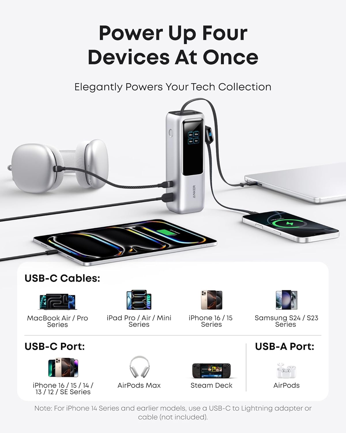 Anker Laptop Power Bank, 25,000mAh Portable Charger with Triple 100W USB-C Ports, Built-in Retractable Cables, Flight-Approved for Travel, iPhone 17/16 Series, MacBook, Samsung, and More