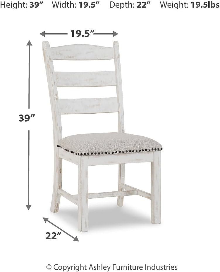 Signature Design by Ashley Valebeck Farmhouse Cushioned Dining Chair, 2 Count, Nailhead Trim, Fabric Upholstery, Solid Wood, 39" Seat Height, Whitewash