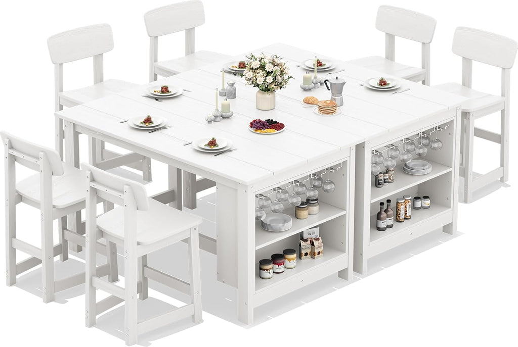 SERWALL 8-Piece HDPE Counter Height Dining Table Sets with Storage and Wine Rack, 2 Rectangular Bar Table with Bar Stools Set of 6 for Garden, Backyard, Kitchen, White