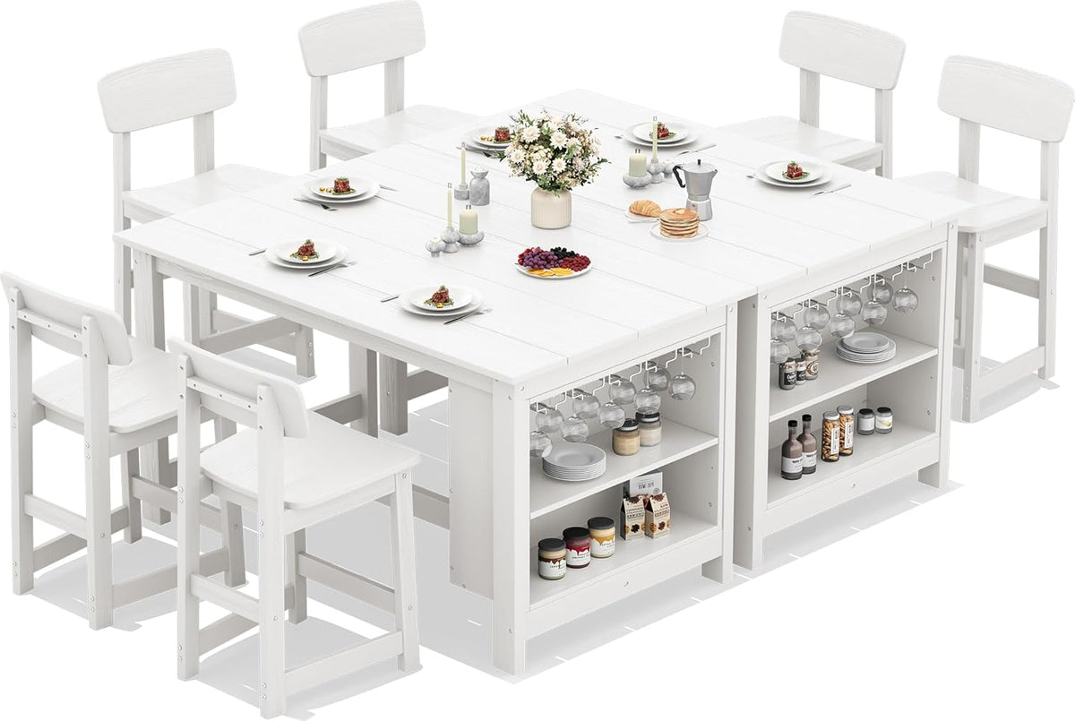SERWALL 8-Piece HDPE Counter Height Dining Table Sets with Storage and Wine Rack, 2 Rectangular Bar Table with Bar Stools Set of 6 for Garden, Backyard, Kitchen, White