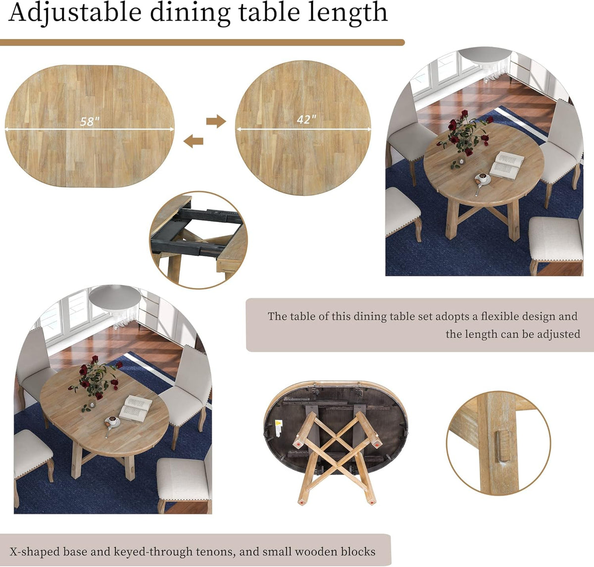 Harper & Bright Designs 5-Piece Farmhouse Extendable Round Dining Table and Upholstered Chair Set With Shelf for Family Dining Area