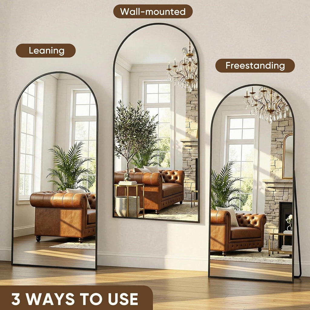 Antok Full Length Mirror, 76"x34" Floor Mirror with Stand, Hanging Mounted Mirrors for Bedroom, Living Room, Cloakroom, Dining Room, Black, Arched