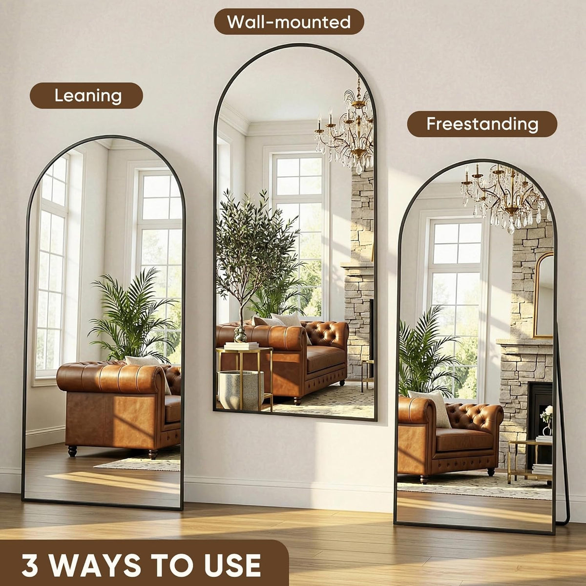 Antok Full Length Mirror, 76"x34" Floor Mirror with Stand, Hanging Mounted Mirrors for Bedroom, Living Room, Cloakroom, Dining Room, Black, Arched