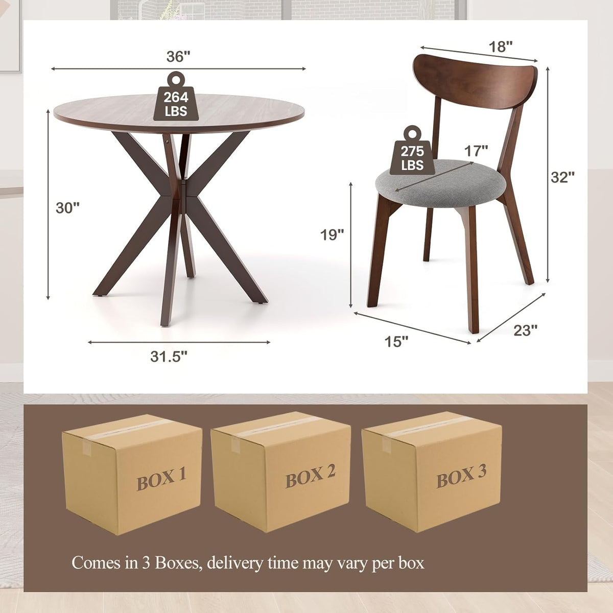 ERGOMASTER 5-Piece Dining Table Set for 4, 36" Kitchen Round Table with 4 Chairs, Rubber Wood Legs, Brown