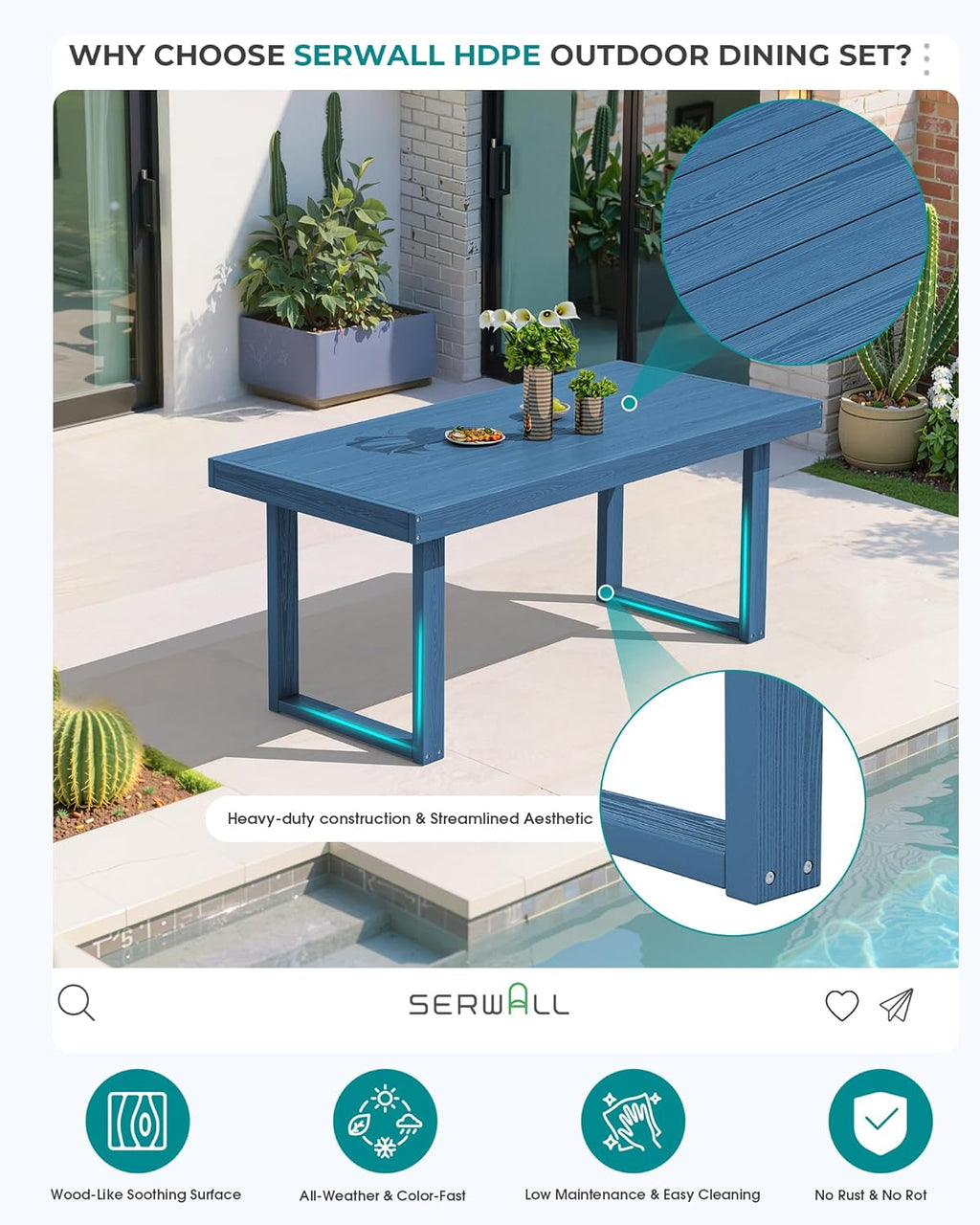 SERWALL HDPE Outdoor Dining Set for 4, 67'' All Weather Patio Dining Table and Armless Chairs Set for Deck, Lawn, Blue