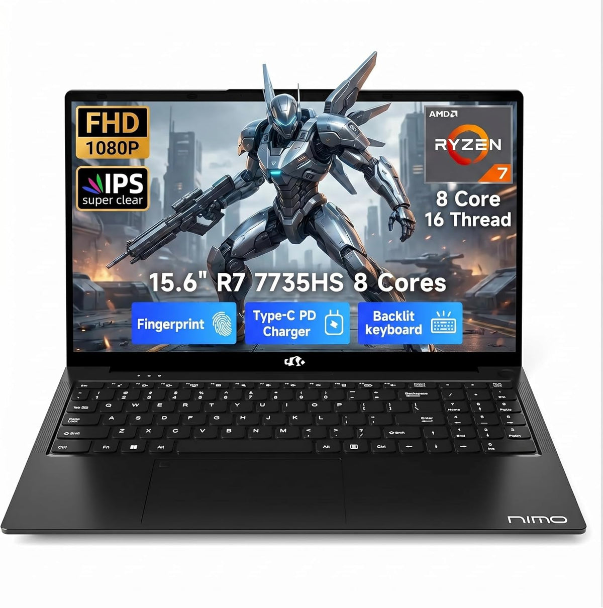 NIMO Gaming Laptop 15.6", AMD Ryzen 7 7735HS (Beat 4.75GHz), 16GB DDR5 RAM, 512GB PCIe 4.0 SSD, Windows 11 Home, 1080P FHD Display, Backlit Keyboard, 100W PD Fast Charge, 2X Full-Function USB-C