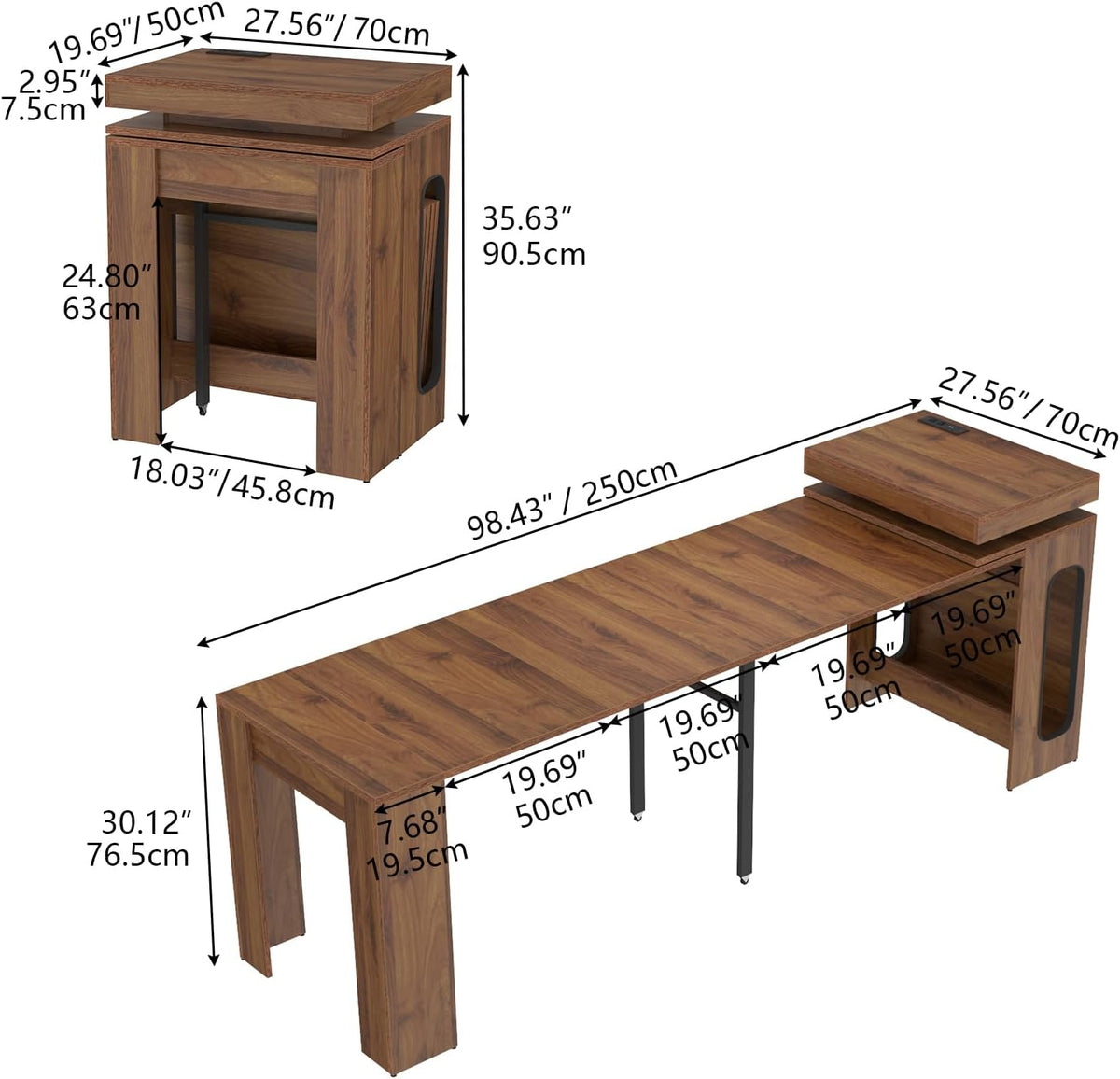 Extendable Dining Table with Charging Station, Convertible Folding Console Table for 6-8 People, Space-Saving Dining Table with LED Lights, Wood Rectangle Kitchen Table for Homes, Walnut (No Chairs)