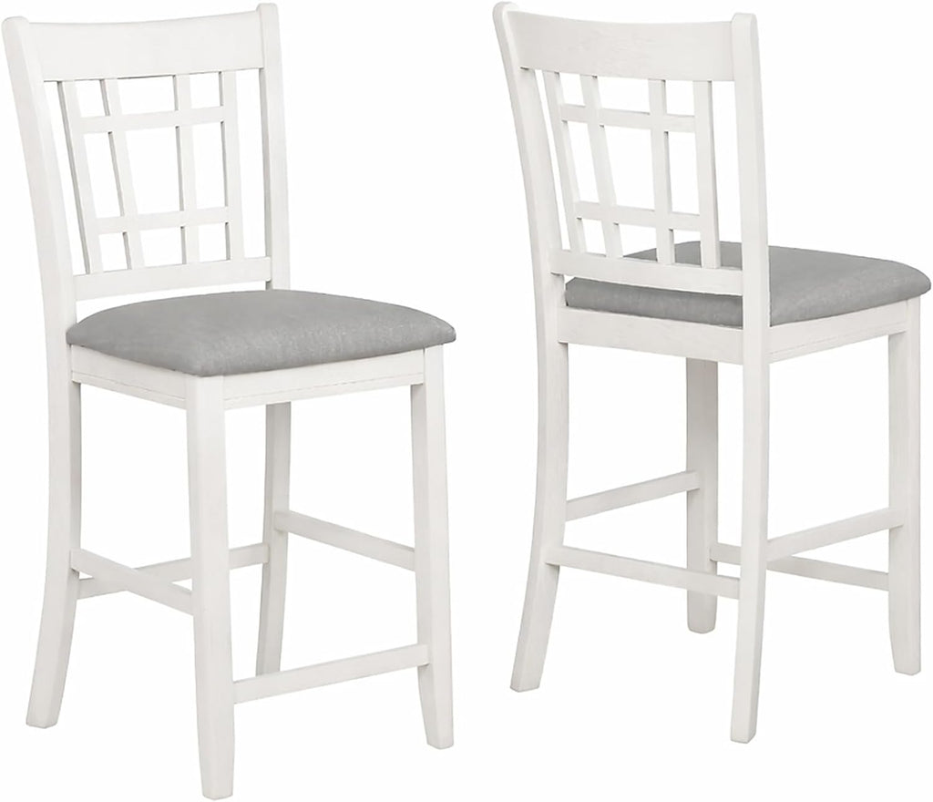 CARTESIAN 5 Piece Counter Height Dining Set, Oval Extendable Table with Storage Shelf, 4 Upholstered Chairs, Weathered White and Gray, Grid-Back Design