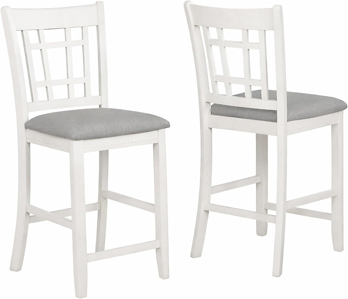 CARTESIAN 5 Piece Counter Height Dining Set, Oval Extendable Table with Storage Shelf, 4 Upholstered Chairs, Weathered White and Gray, Grid-Back Design