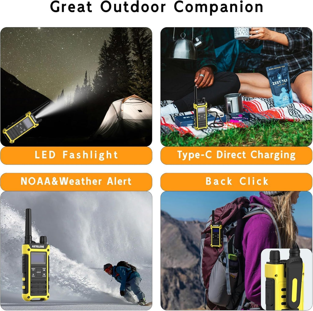 KETELESE T3F IP67 Waterproof Two Way Radios, FRS Walkie Talkie 4 Pack with Earpieces,USB C Charge Dock,Group Talk,Flashlight,VOX,Weather Alert, for Adults, Black/Yellow