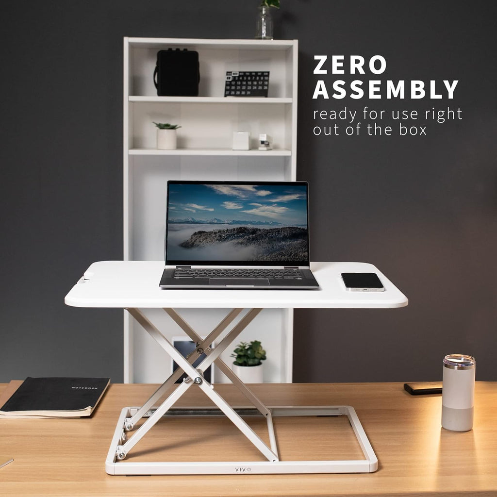 VIVO Ultra-Slim Single Top Height Adjustable Standing Desk Riser, Compact Sit Stand Desktop Converter for Monitor or Laptop, White, DESK-V001JW