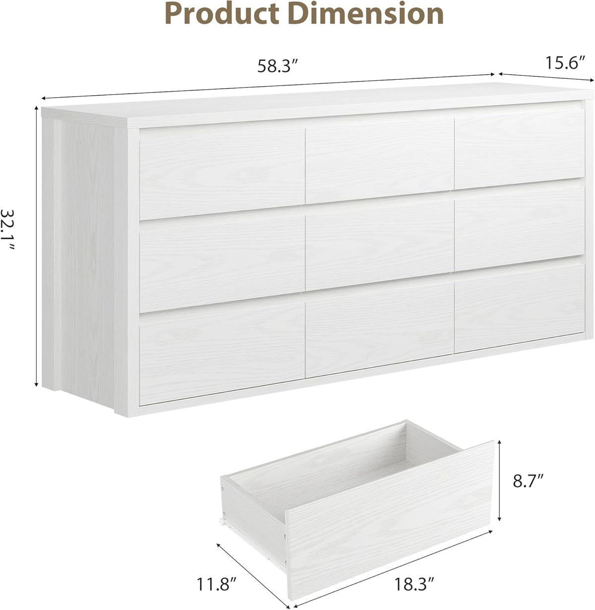 IDEALHOUSE Rustic Farmhouse 9 Dresser for Bedroom,Wooden Drawer Dresser,Handle-Free Storage Cabinet with Drawers for Bedroom, Living Room & Hallway, with Anti-Tip Safety,White