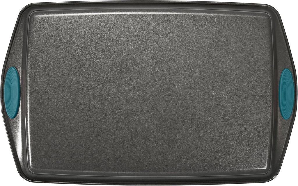 Rachael Ray Nonstick Bakeware Set with Grips includes Nonstick Bread / Baking Pans, Cookie / Baking Sheet and Cake Pans - 10 Piece, Gray with marine blue grips