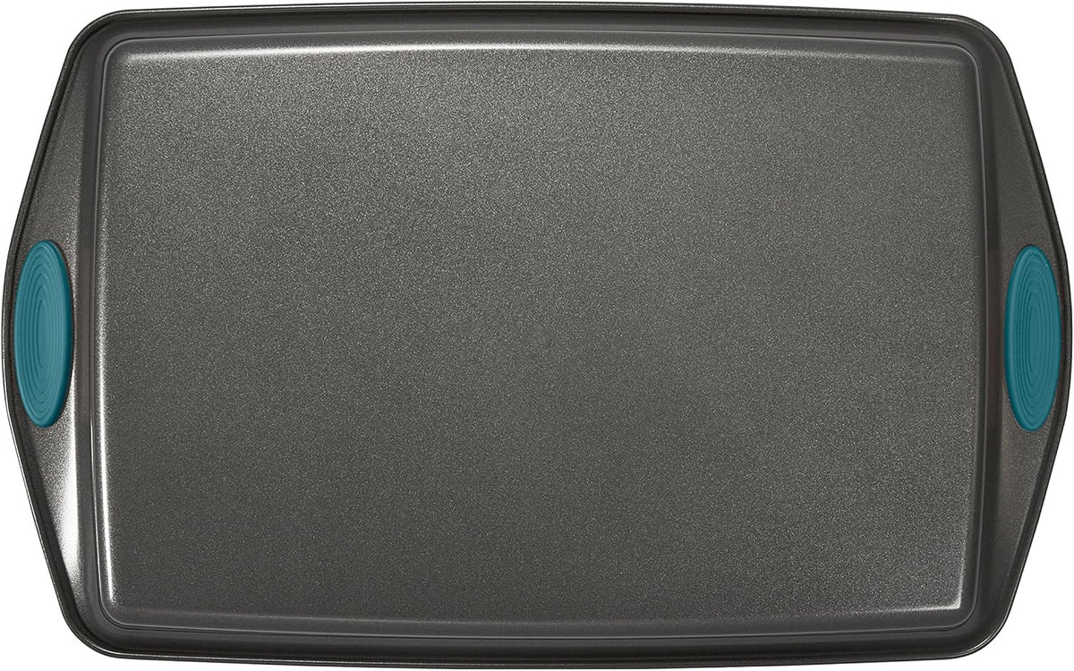 Rachael Ray Nonstick Bakeware Set with Grips includes Nonstick Bread / Baking Pans, Cookie / Baking Sheet and Cake Pans - 10 Piece, Gray with marine blue grips