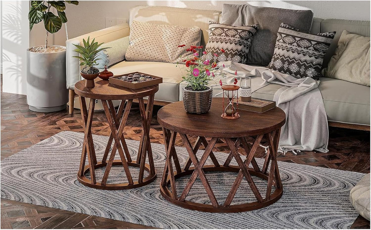 COZAYH Rustic Farmhouse Coffee Table, Round Coffee Table with X-Motifs Legs, Wood Textured Top, for Boho, French Country Decor, Brown
