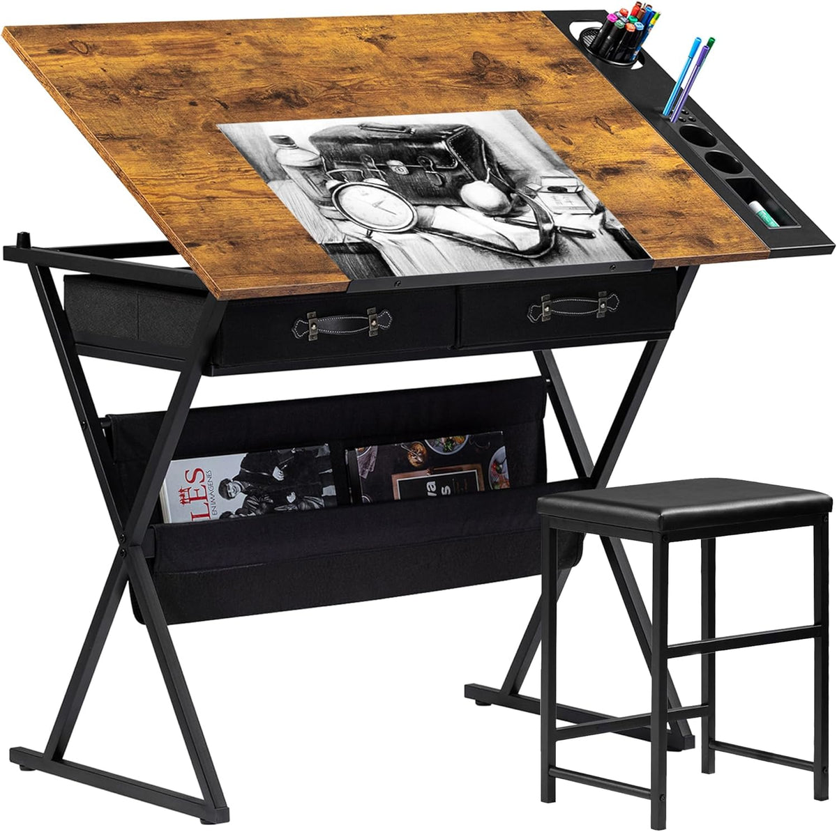 VECELO Drafting Table Art Desk Art Table Adjustable Drawing Table Tilted Tabletop with 2 Storage Drawers and Stool, Drawing Desk for Artist Painters Drawing, Crafting, Reading, Writing, Rustic Brown