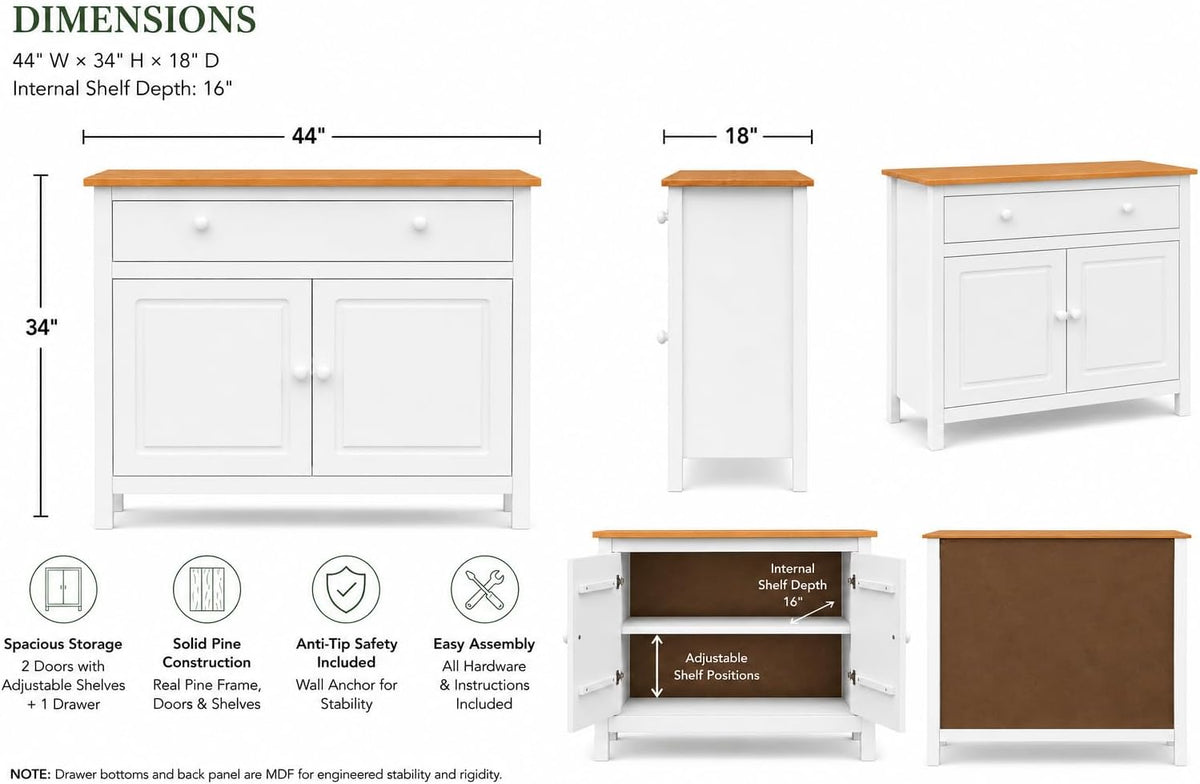 From the Tree Furniture 44" Wide White & Pine Top Solid Pine Shaker Sideboard Buffet Cabinet — 2 Doors, Adjustable Shelves & 1 Drawer — Anti-Tip Included — Two-Tone Farmhouse Finish for Dining Room