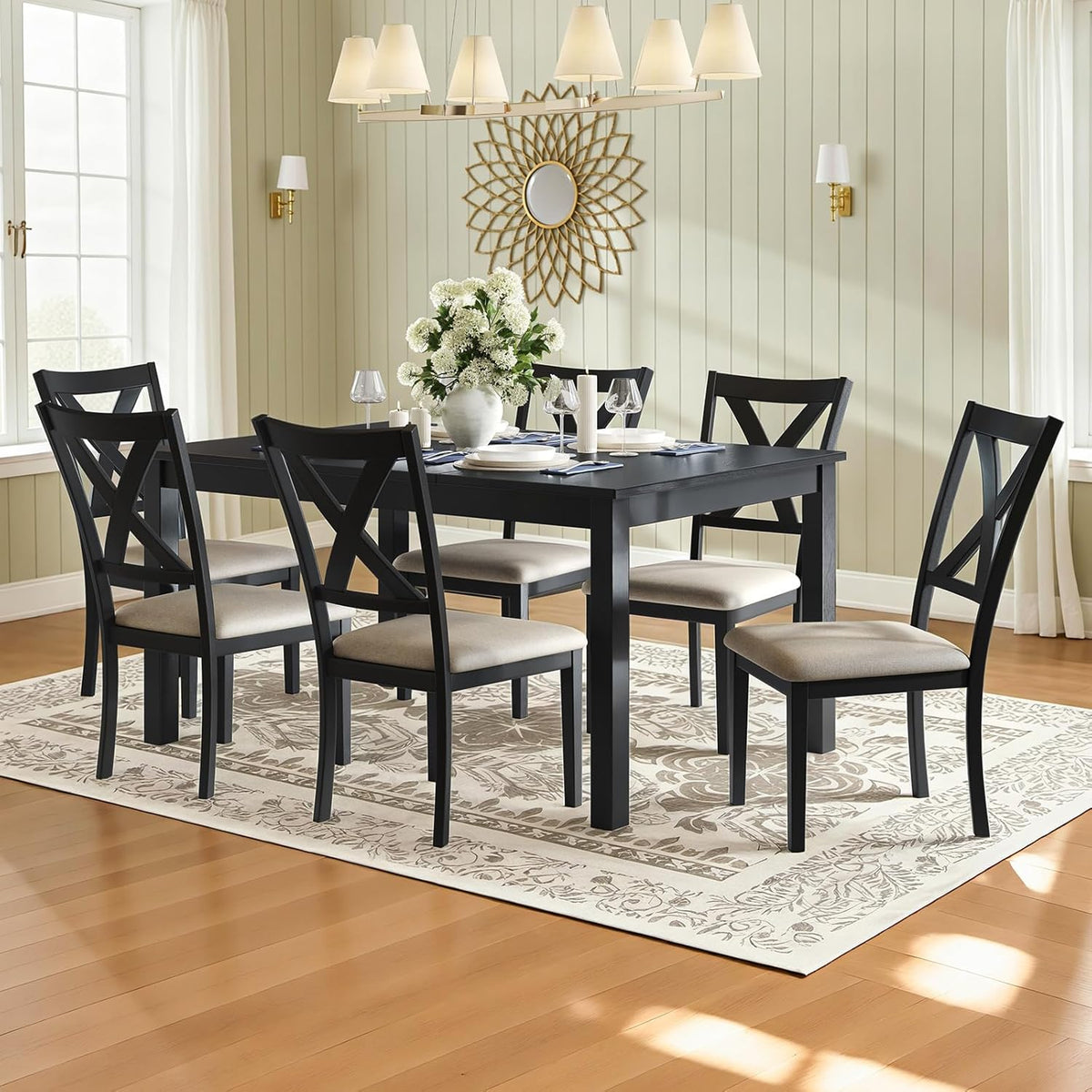 LUXOAK 7-Piece Solid Wood Dining Table Set, 60" Farmhouse Dining Table with 6 Chairs, Rectangular Table Set for 6, Kitchen & Dining Room Furniture, Grey & White