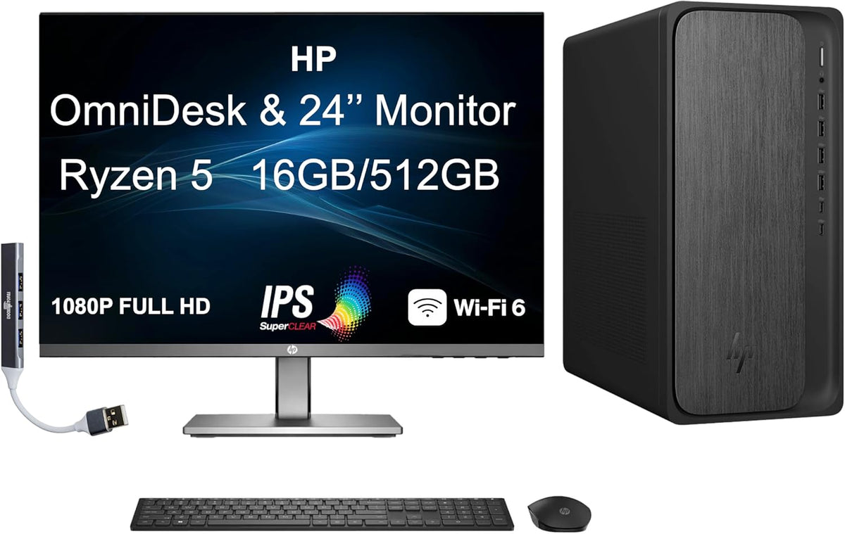 HP OmniDesk AI PC Desktop (AMD Ryzen 5 8500G, 16GB DDR5, 512GB SSD, WiFi 6, Bluetooth 5.2, Win 11 Home, Bundle with Single Monitor 24 inch and Dockztorm Hub