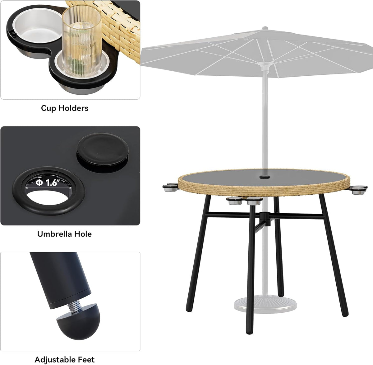 YITAHOME Outdoor Dining Set with Umbralle Hole, 5pcs Rattan Patio Dining Set for 4 with Cup Holders Soft Cushions and Glass Top Dining Table for Patio, Backyard, Garden, Bacony, Light Brown & Black