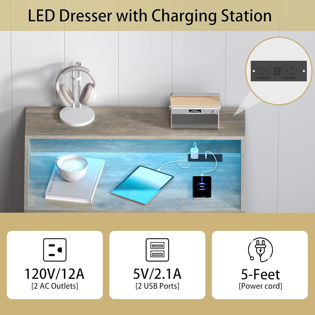 Wodeer Grey Dresser Tall 5 Drawer Dresser for Bedroom, Wood Chest of Drawers with LED Lights, Charging Station, Metal Handles, Modern Storage Cabinet and Organizer Drawers for Living Room, Hallway